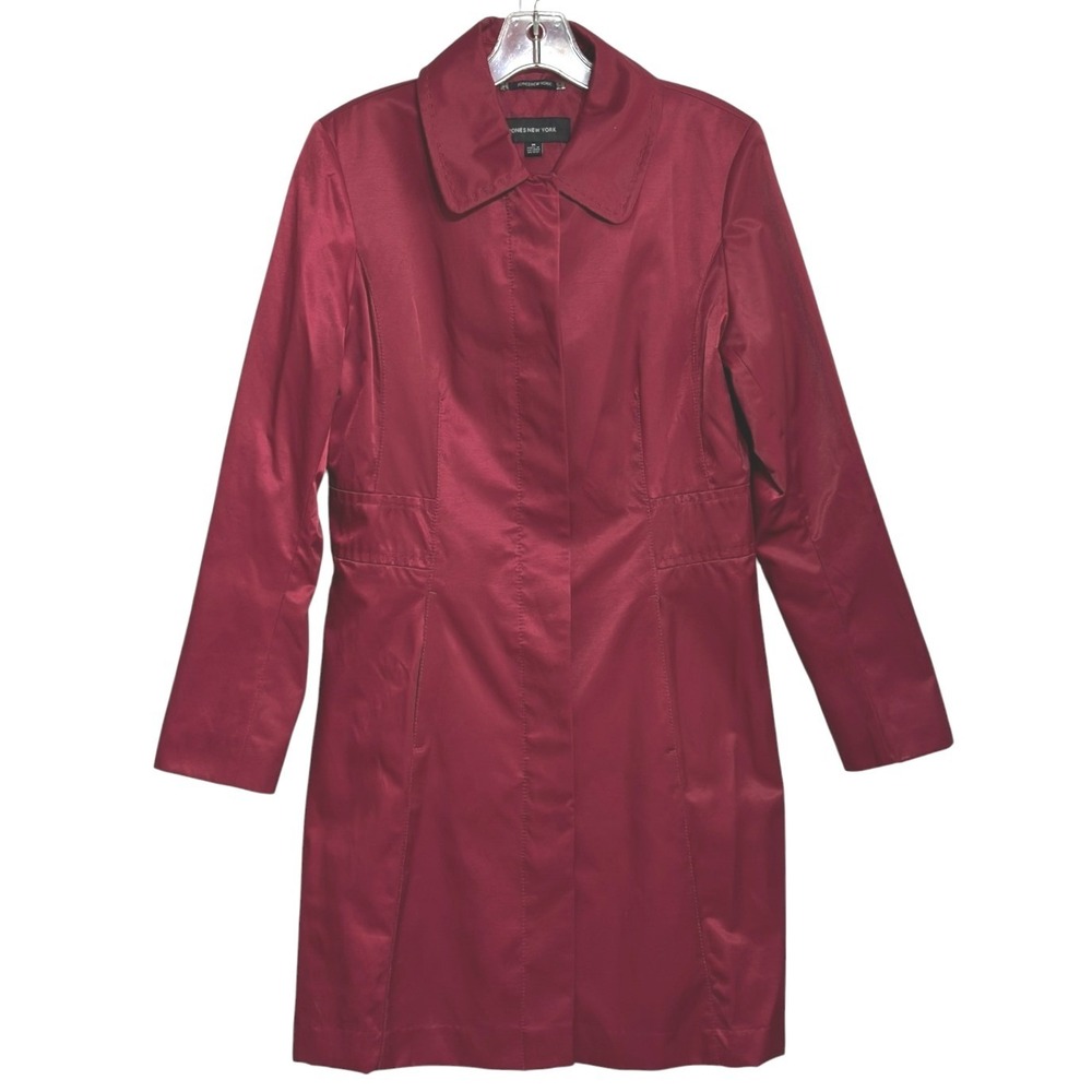 Jones New York Trench Coat Women Burgundy Leopard Lining Pleated Mob Wife Chic M